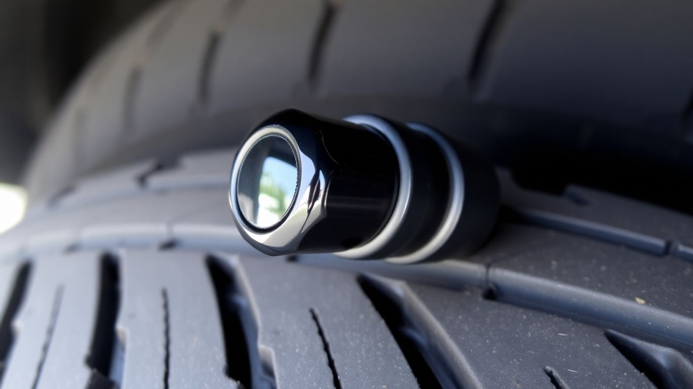 Car tire valve stem with a black cap.