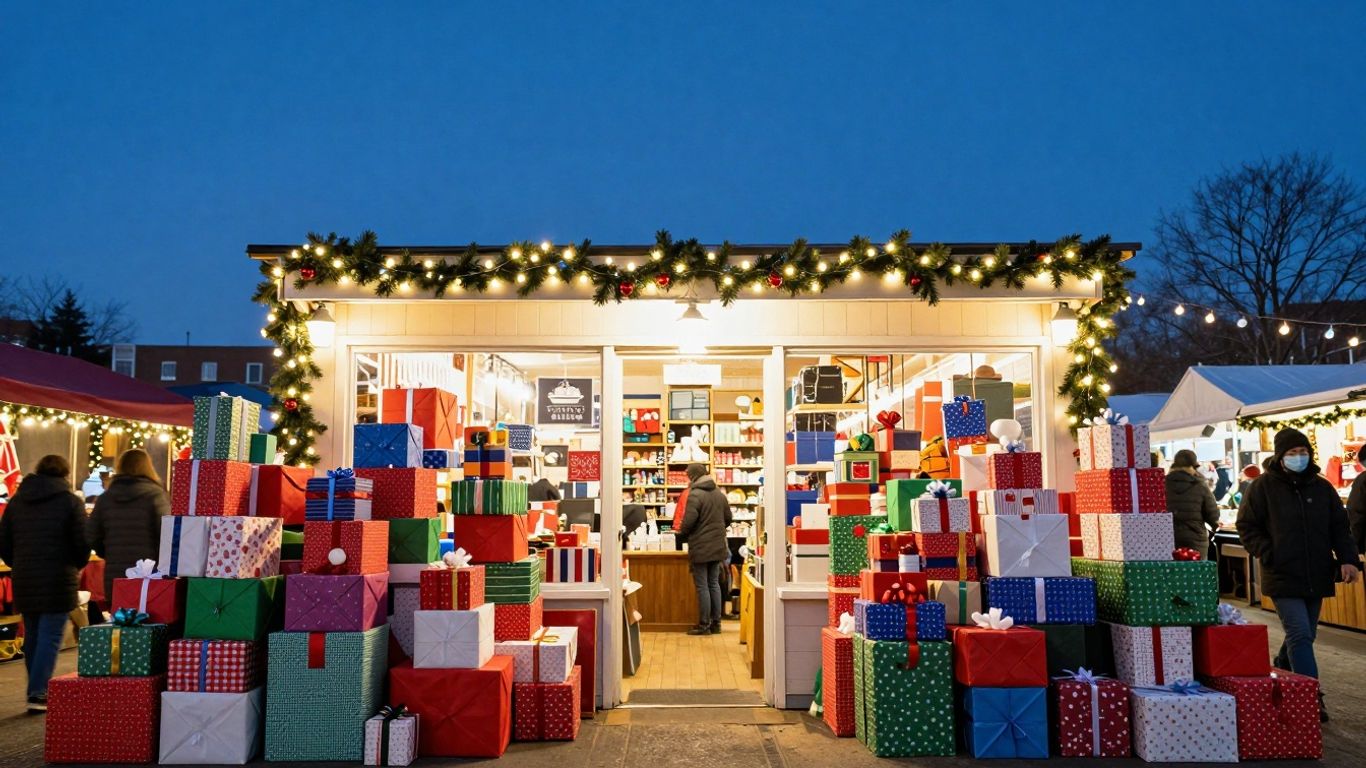 Festive holiday shopping scene with gifts and lights.