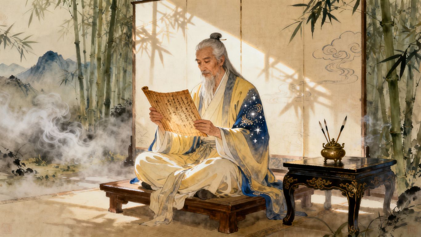 Xuanxue Master in traditional robes contemplating ancient texts.