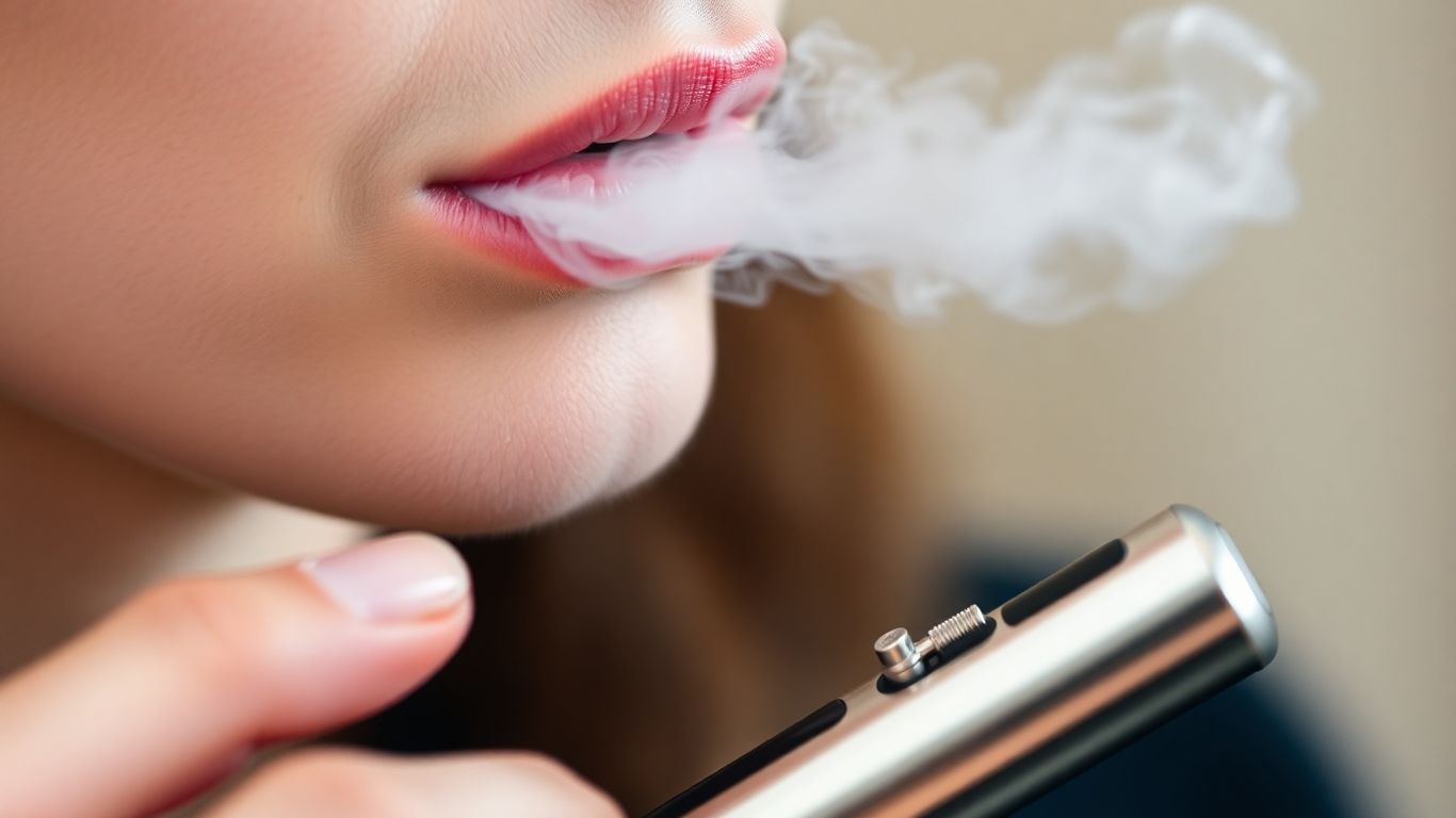 Person exhaling vapor from a vape pen.