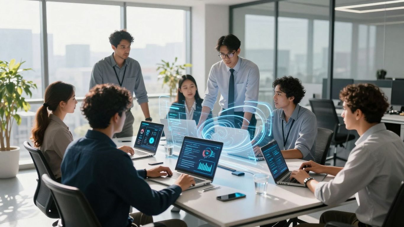 Business professionals using technology for growth.