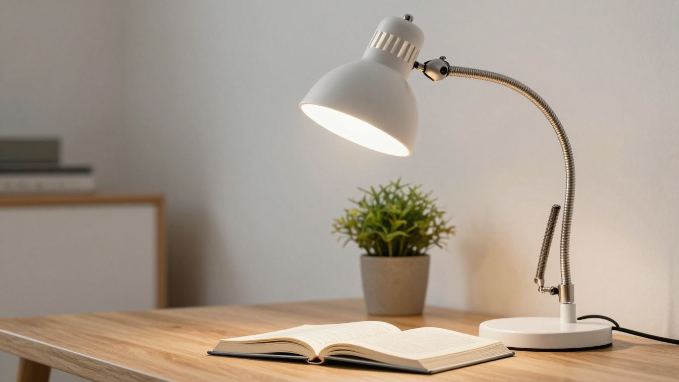 Clip-on desk lamp illuminating a book and plant.