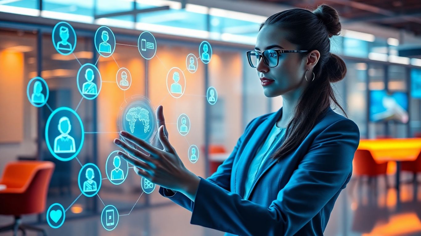 Businesswoman using AI hologram for customer engagement