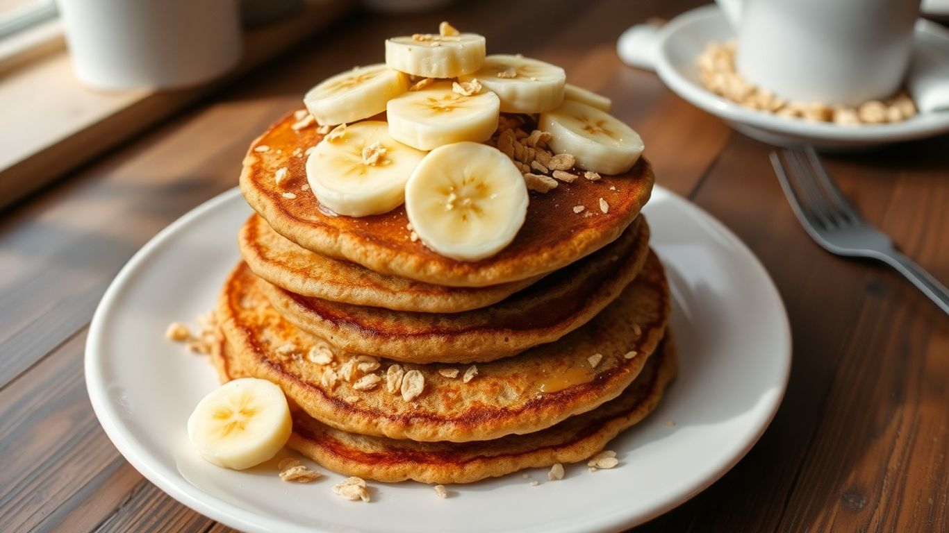 Peanut butter oatmeal pancakes with banana slices on plate