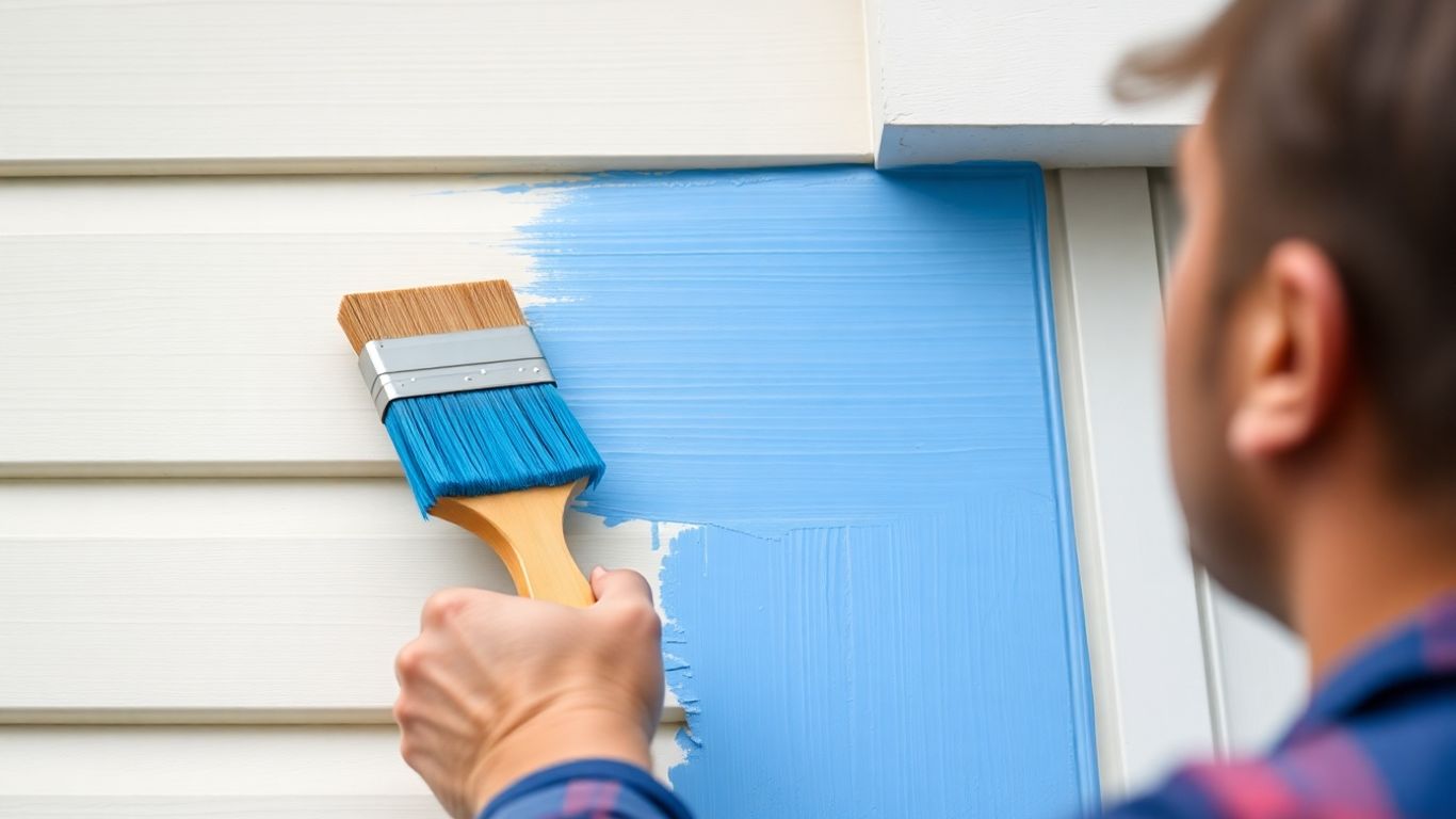 Painter applying smooth blue paint to house exterior.