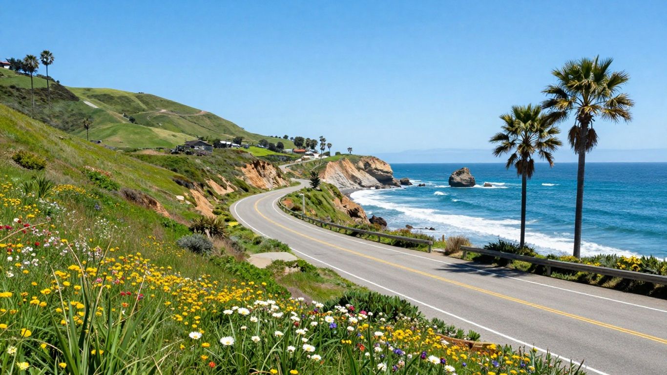 Scenic California coast with ocean and wildflowers.