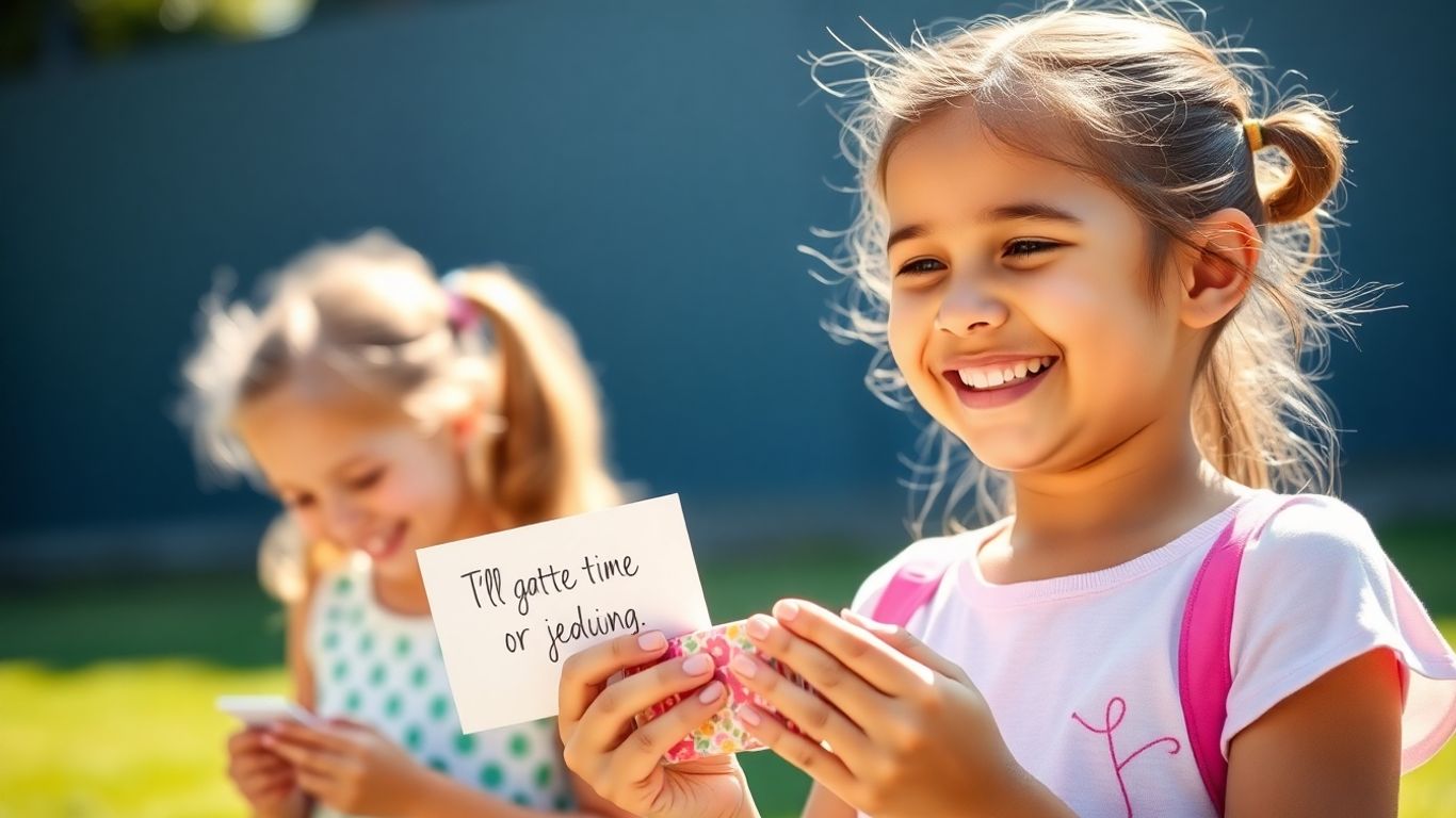 Girl happily receives a birthday gift with affirmation cards.