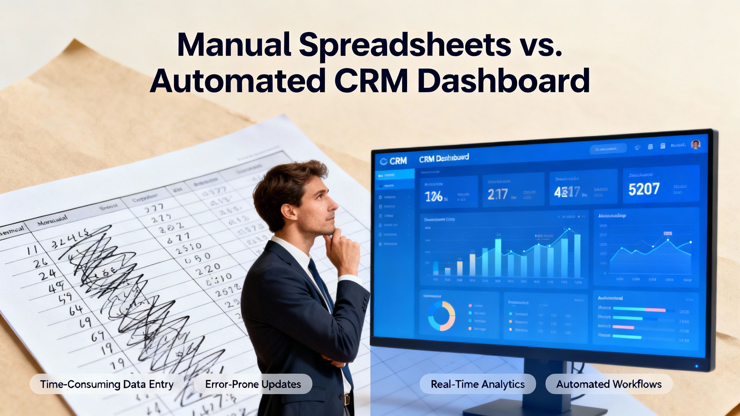 Owner comparing manual spreadsheets to an automated CRM dashboard