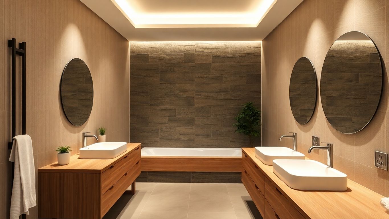 Japandi bathroom with wood, stone tiles, and greenery