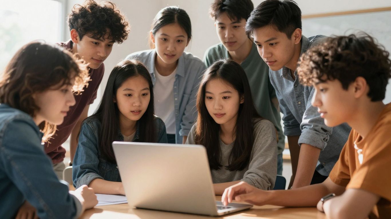 Elevi conectați la educația online, accesând resurse noi.