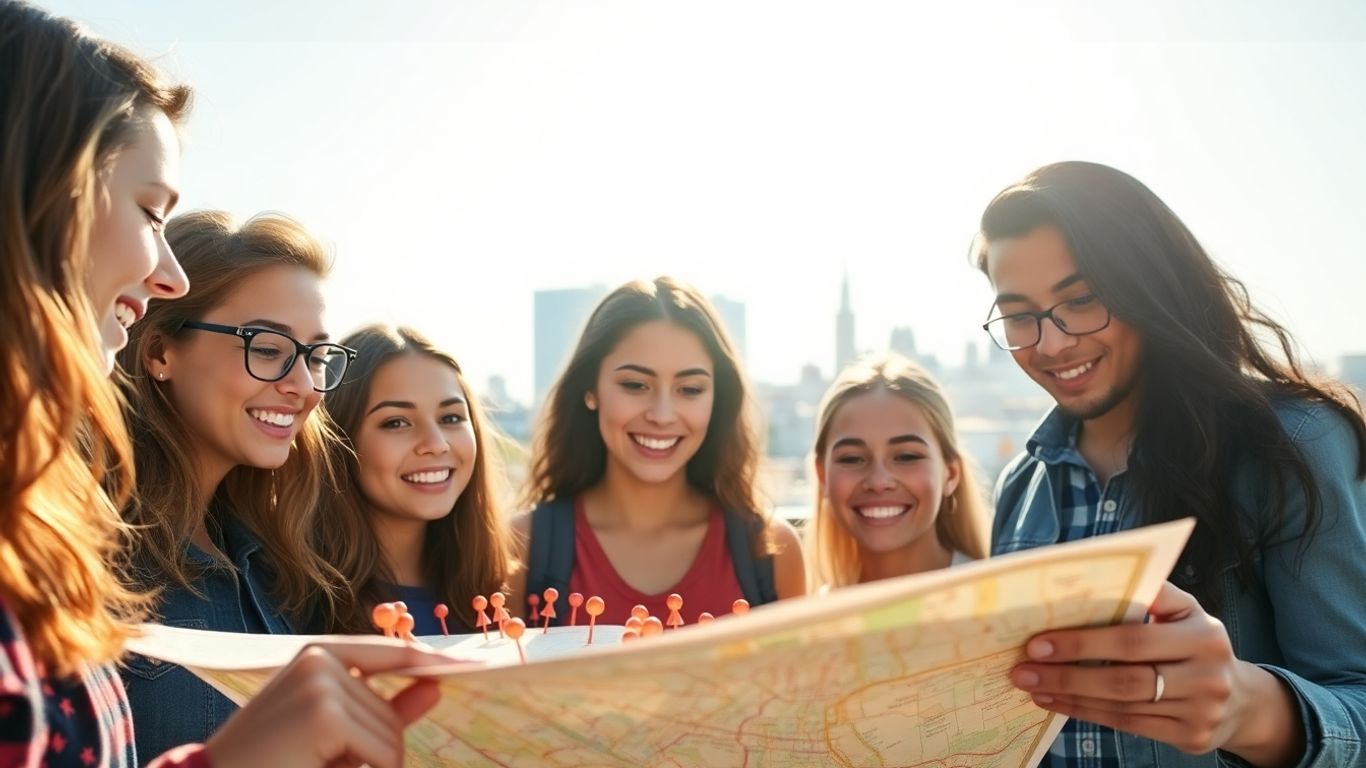 People looking at a map with location pins.