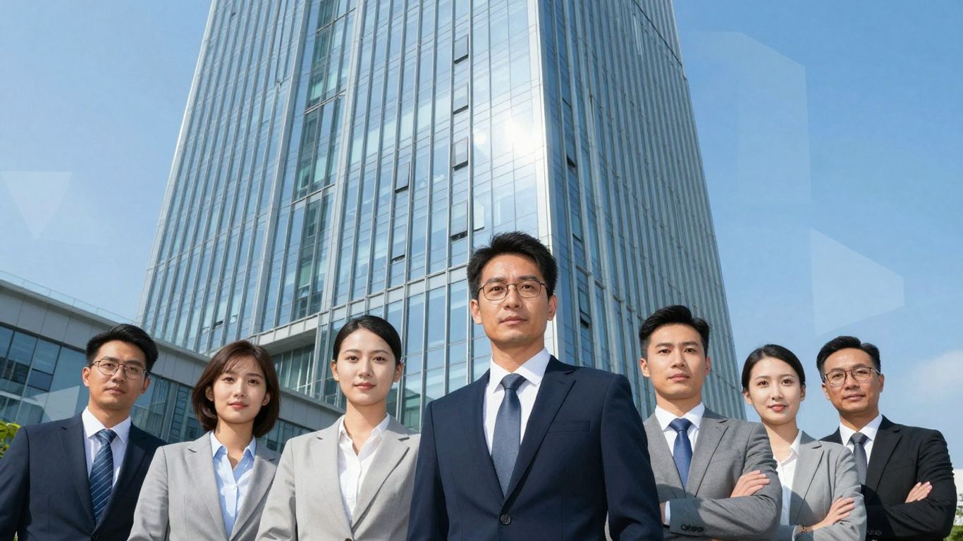 Modern office building and diverse business professionals.