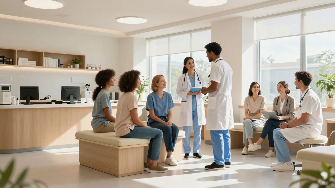 Modern clinic interior with patients and healthcare professionals.