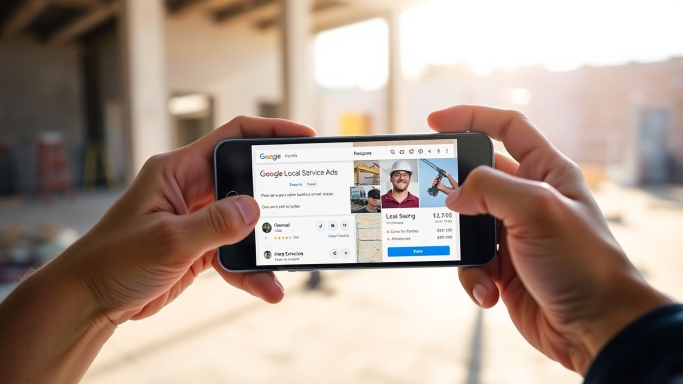 Contractor using Google Local Services Ads on a smartphone.