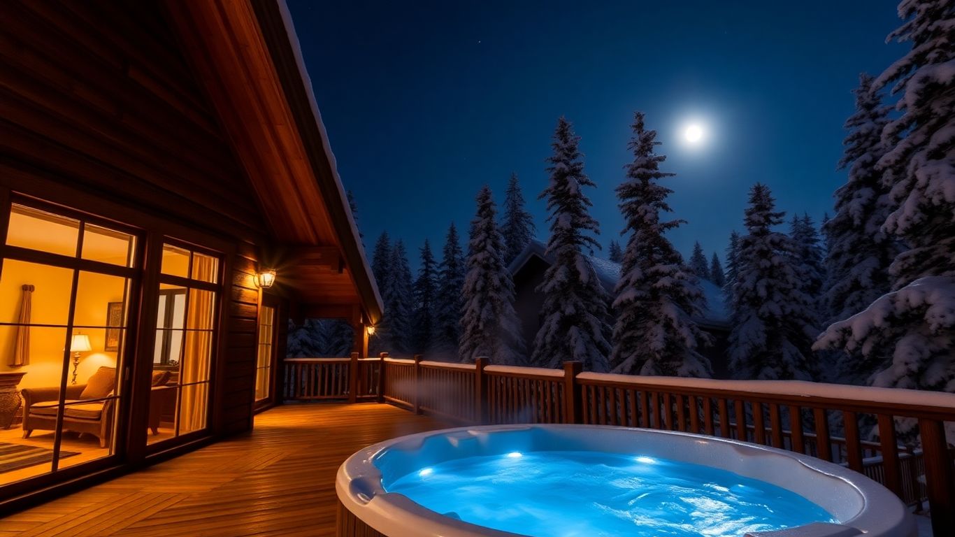 Chalet avec jacuzzi en pleine nature enneigée.