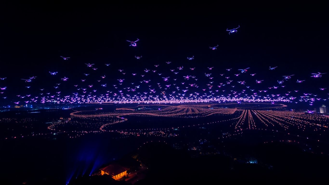 Bali drone light show illuminating the night sky.