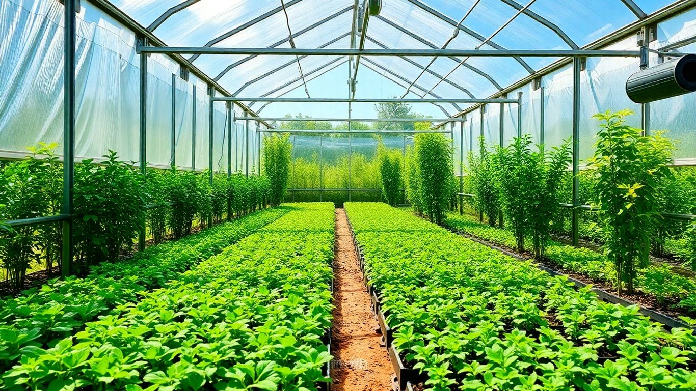 Seră cu plante verzi și sistem de irigații.