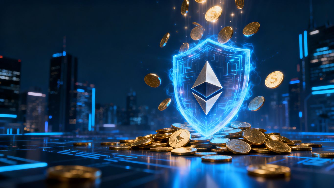 Ethereum logo protected by a glowing shield and falling coins.