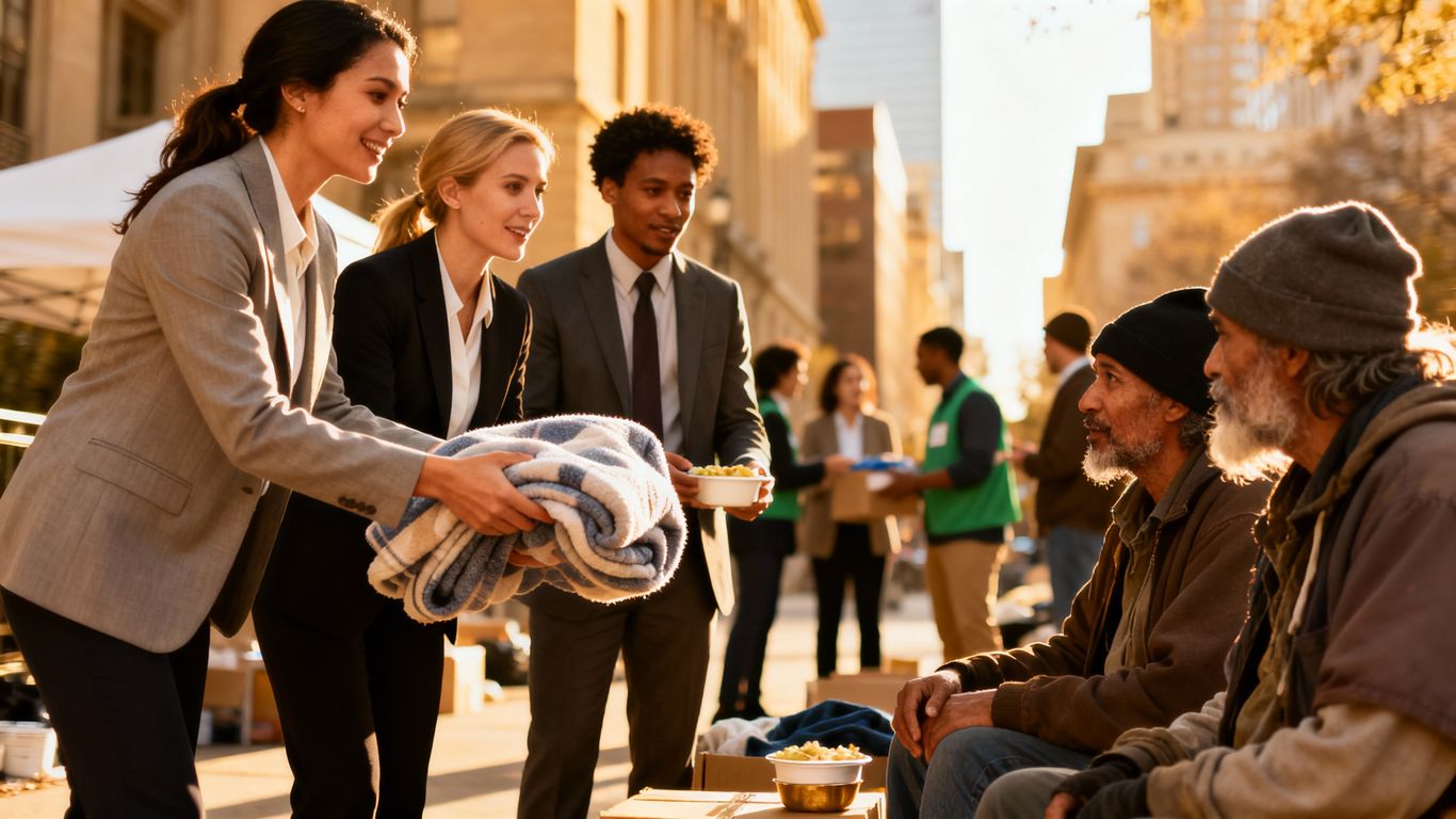 Business people helping homeless individuals with essentials.