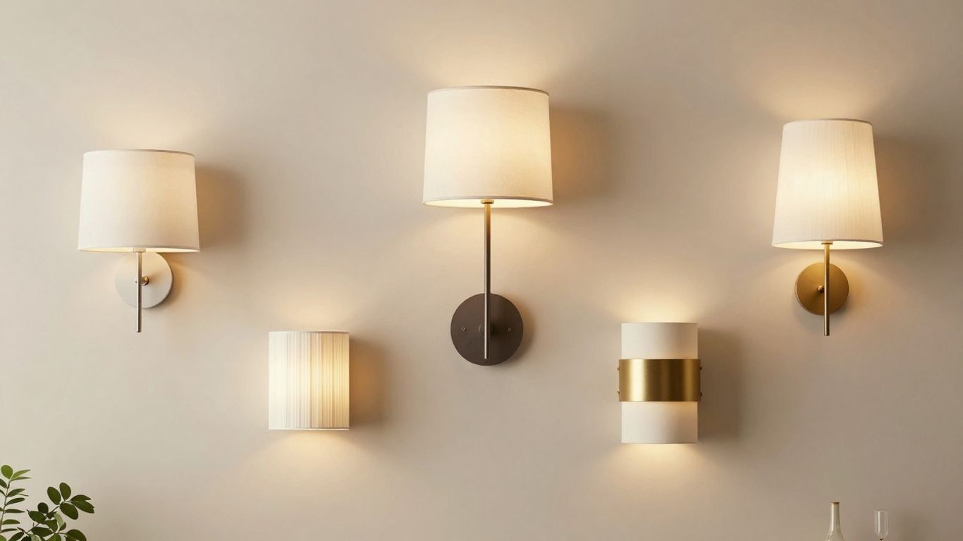 Various Dunelm wall lights in home settings.