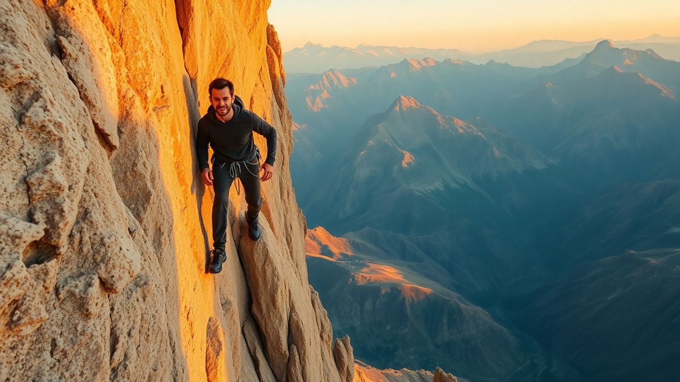 Climber on a rocky mountain face with sunny sky.