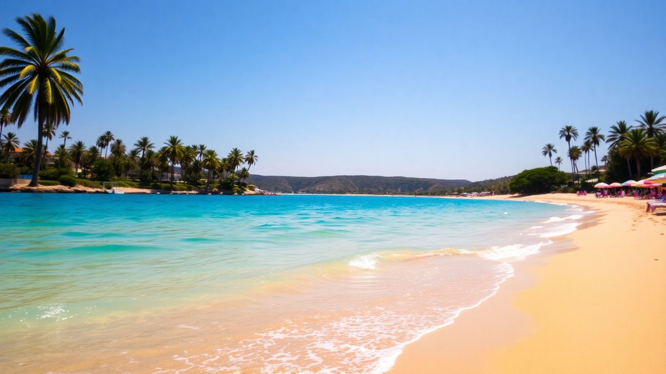 Plage ensoleillée à Six-Fours-les-Plages avec sable doré et mer bleue.