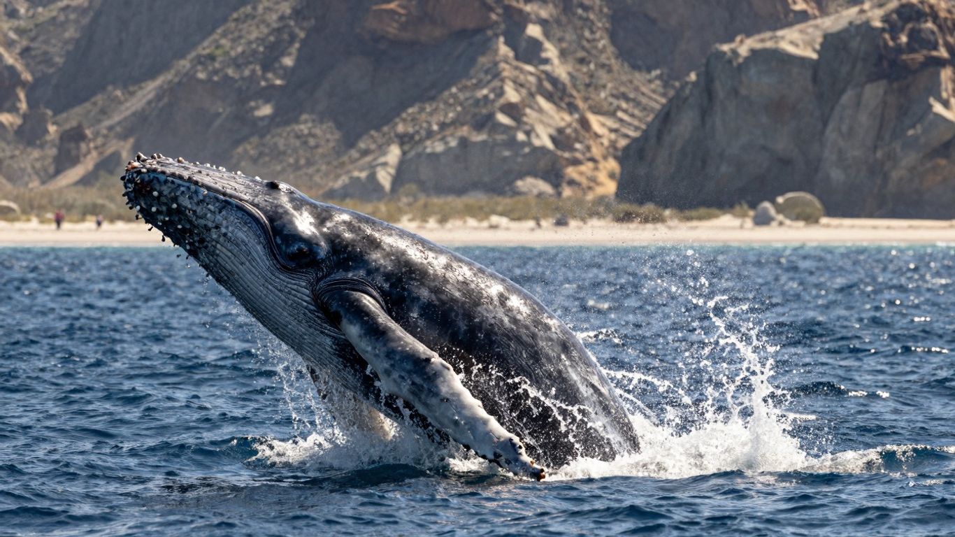 Humpback whale breaching in Cabo waters during whale season.