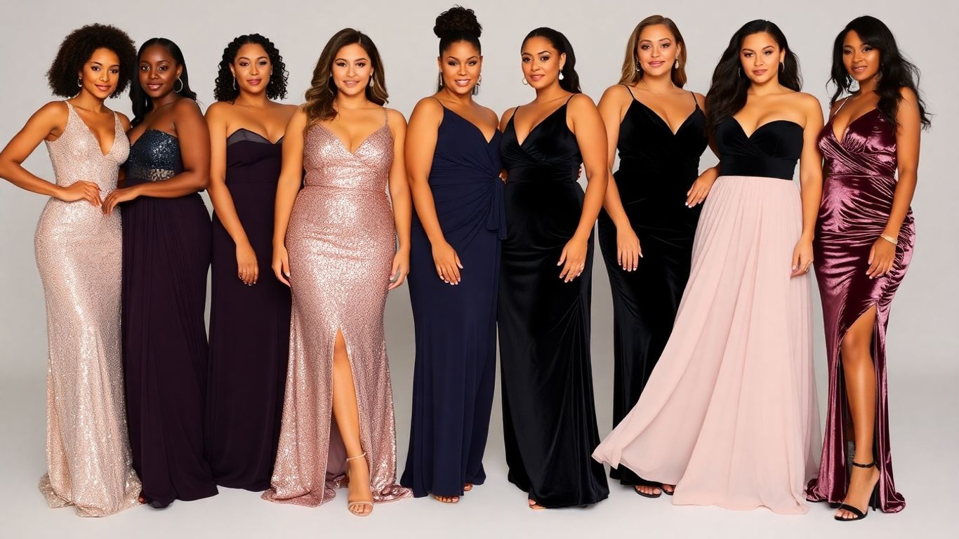 Women in elegant Fashion Nova Curve formal dresses.