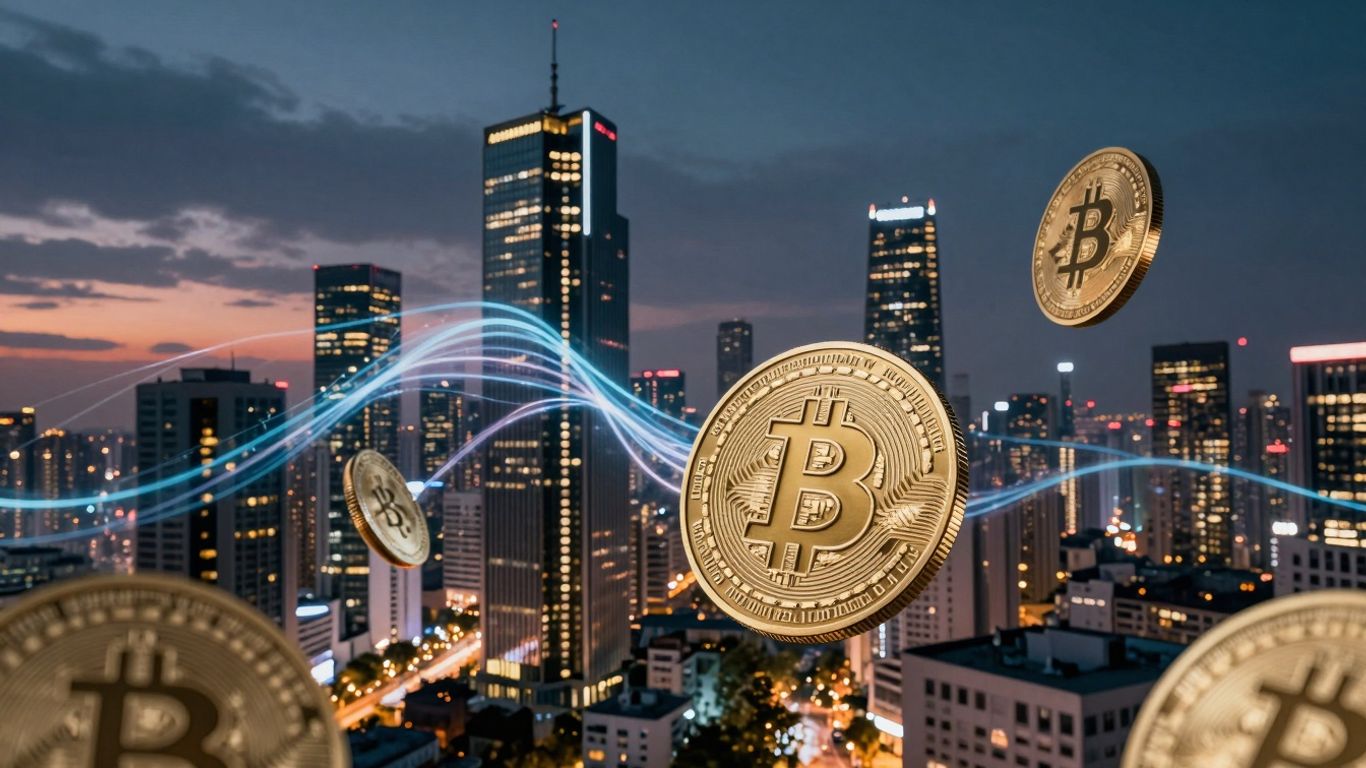 Modern cityscape with glowing digital streams and cryptocurrency coins.