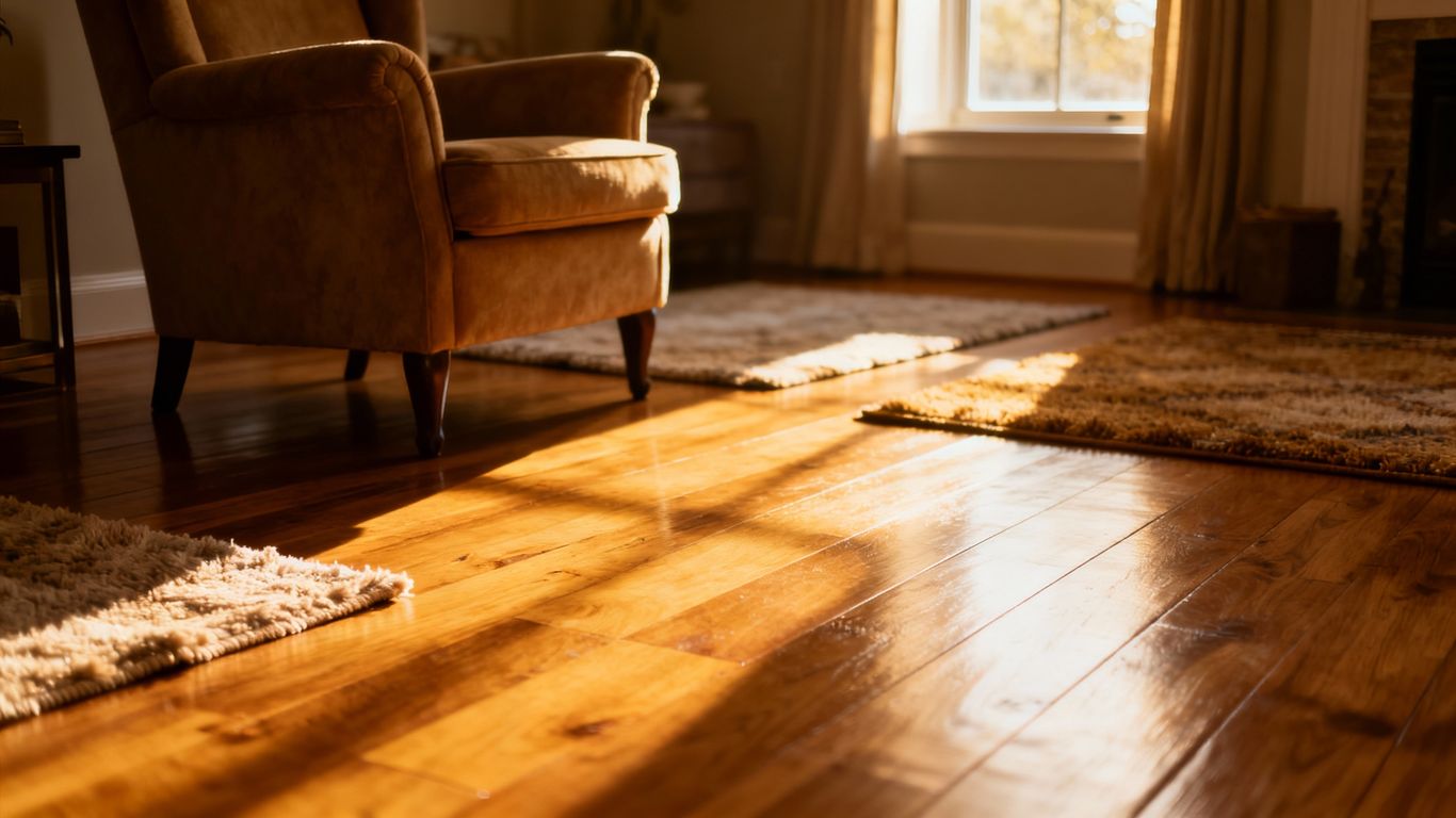 Warm hardwood floors in a cozy living room.