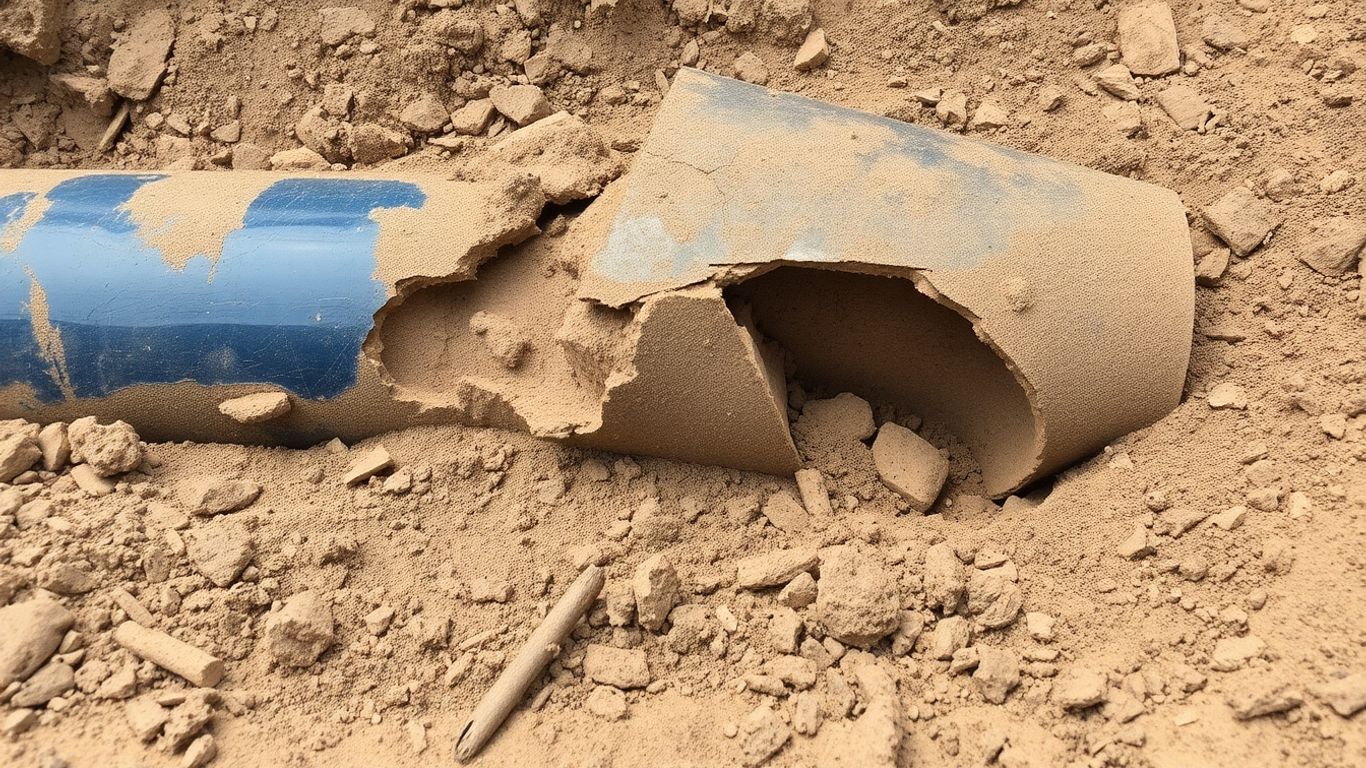 Damaged underground sewer pipe with dirt spilling out.