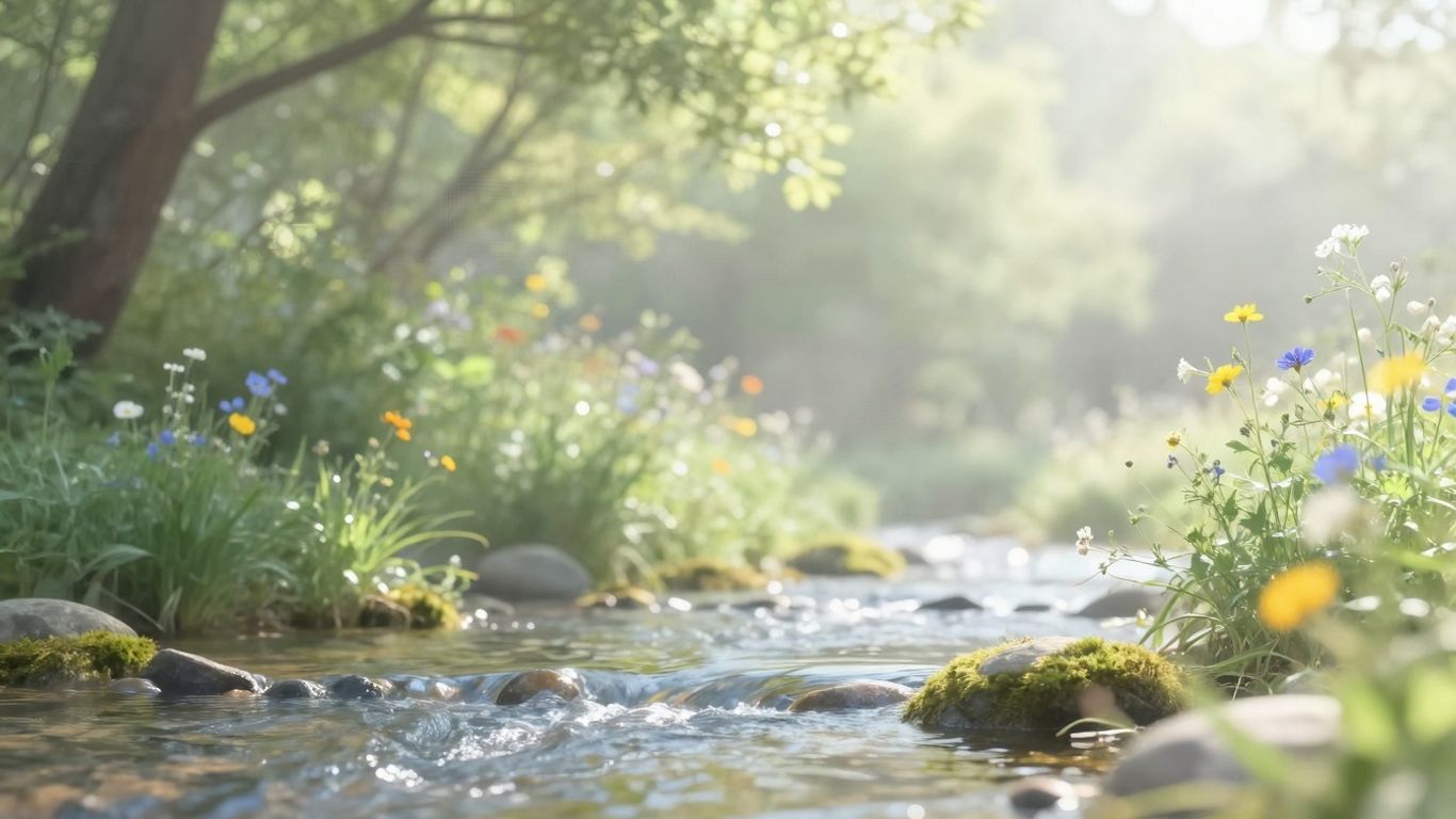 Serene natural landscape with sunlight and wildflowers.