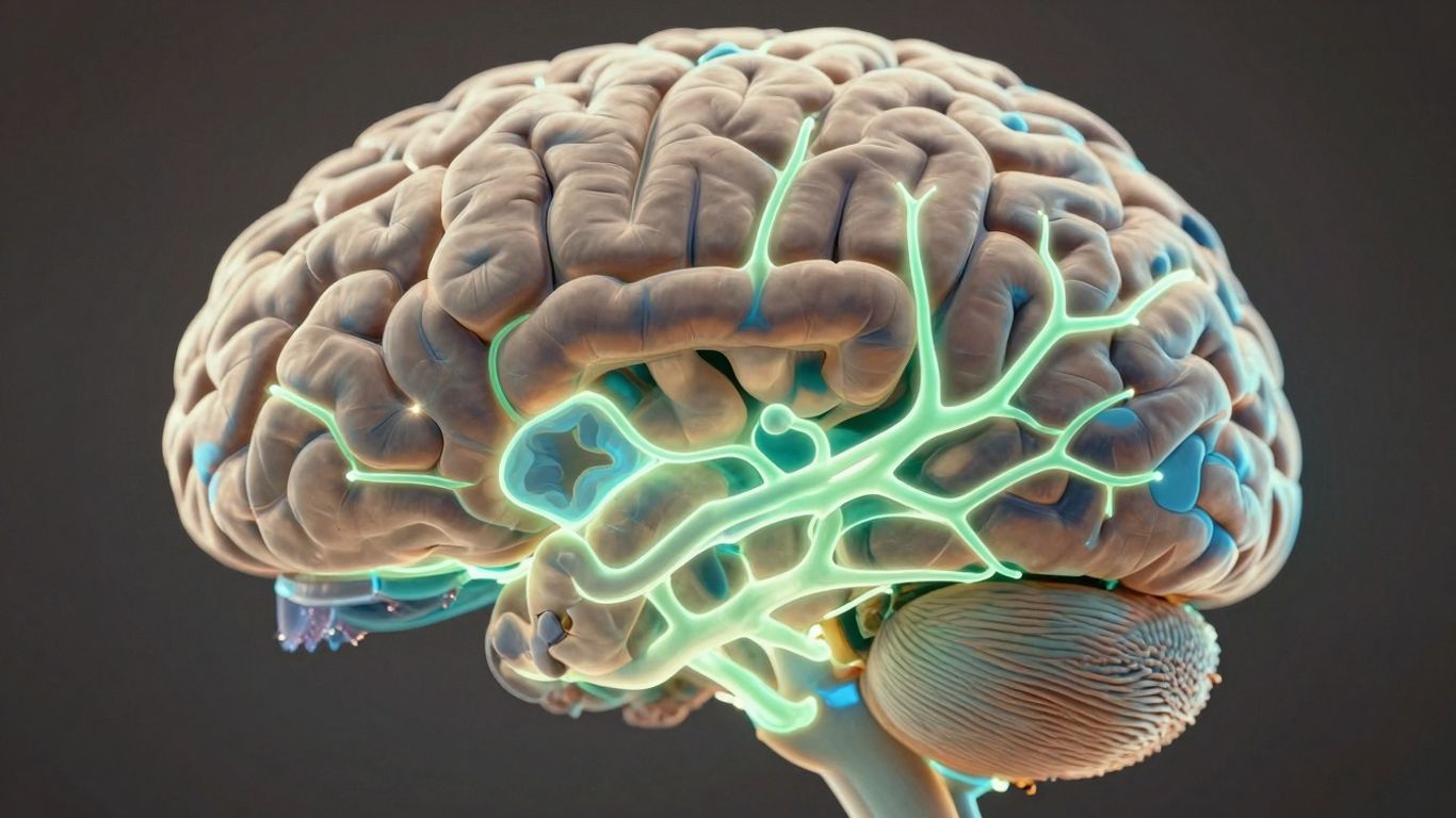 Brain with glowing neural pathways and organic shapes.
