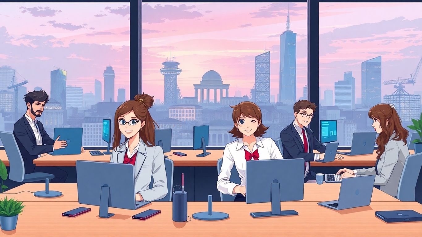 Anime professionals coding in modern German office scene