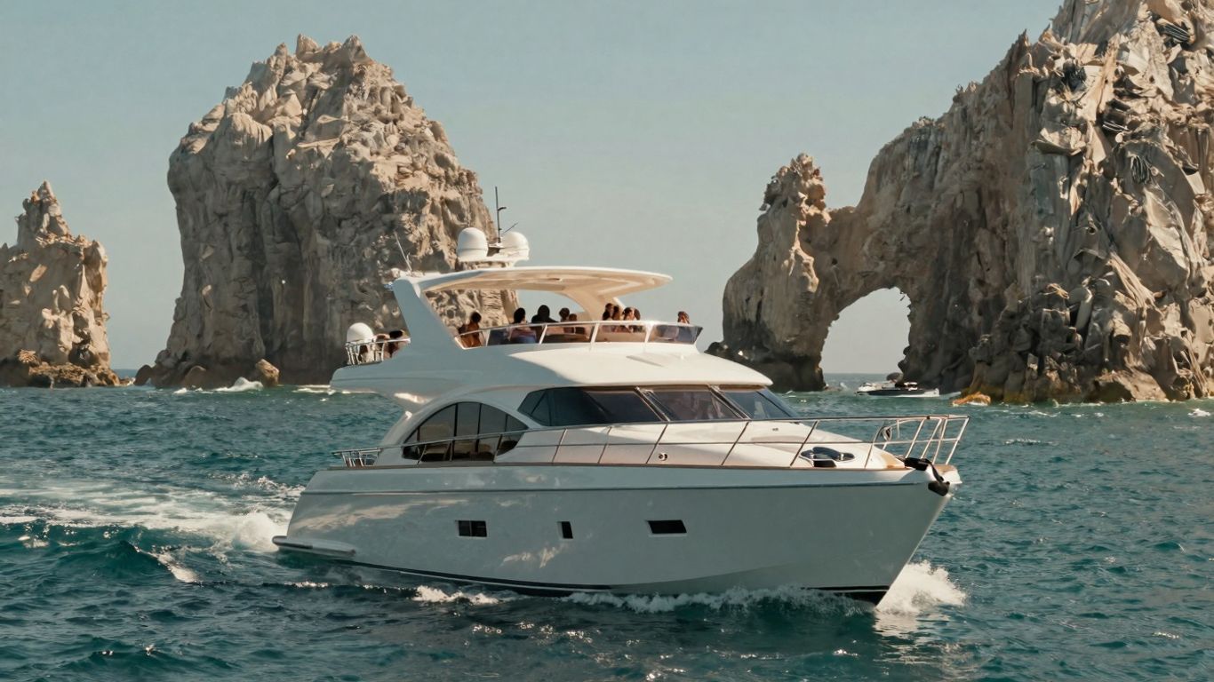 Luxury yacht sailing near Cabo's iconic Land's End rock formations.