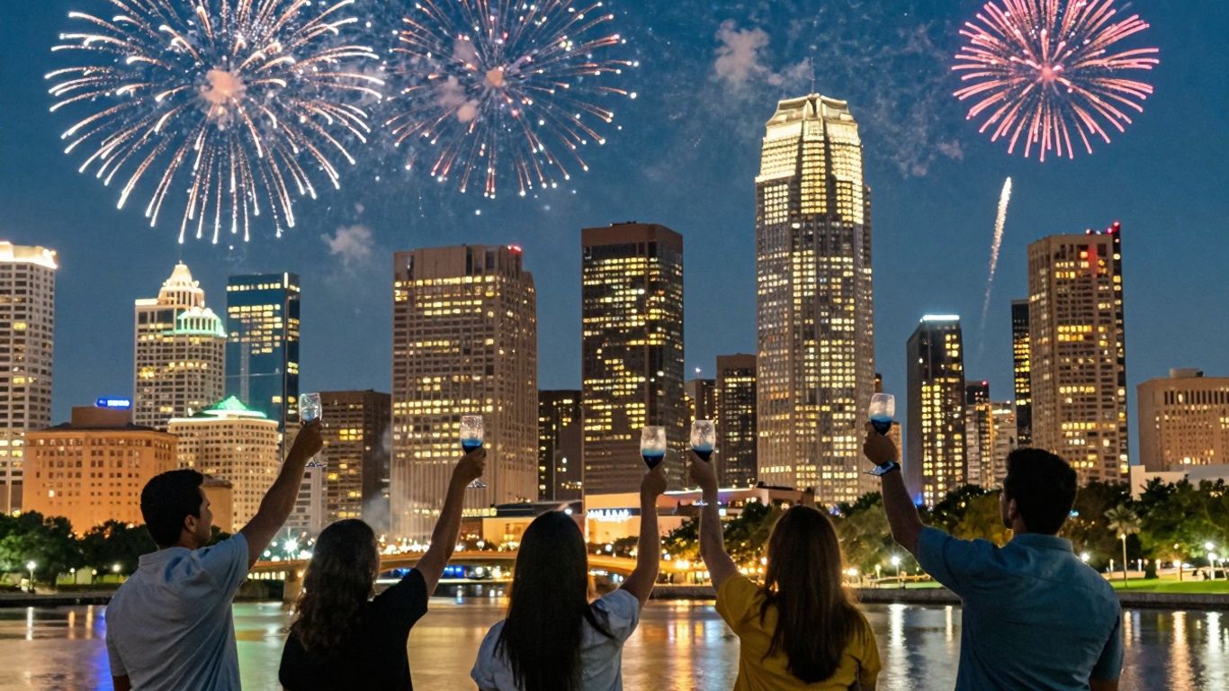 Dallas skyline with fireworks for New Year's Eve.