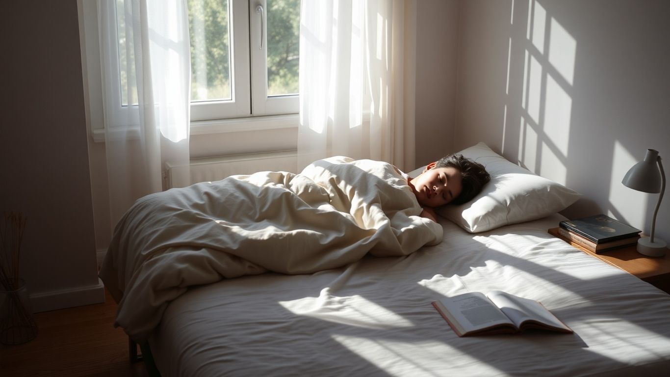 Person sleeping peacefully in a sunlit bedroom.