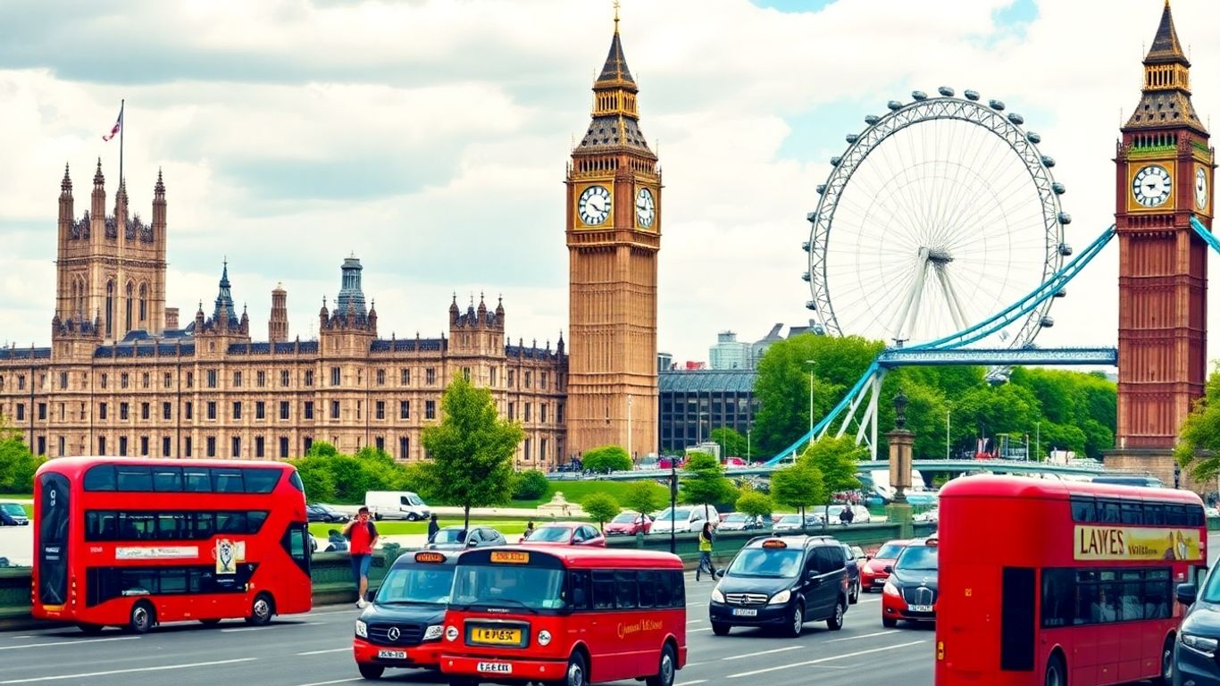 Iconic London landmarks and transport in a vibrant photographic montage.