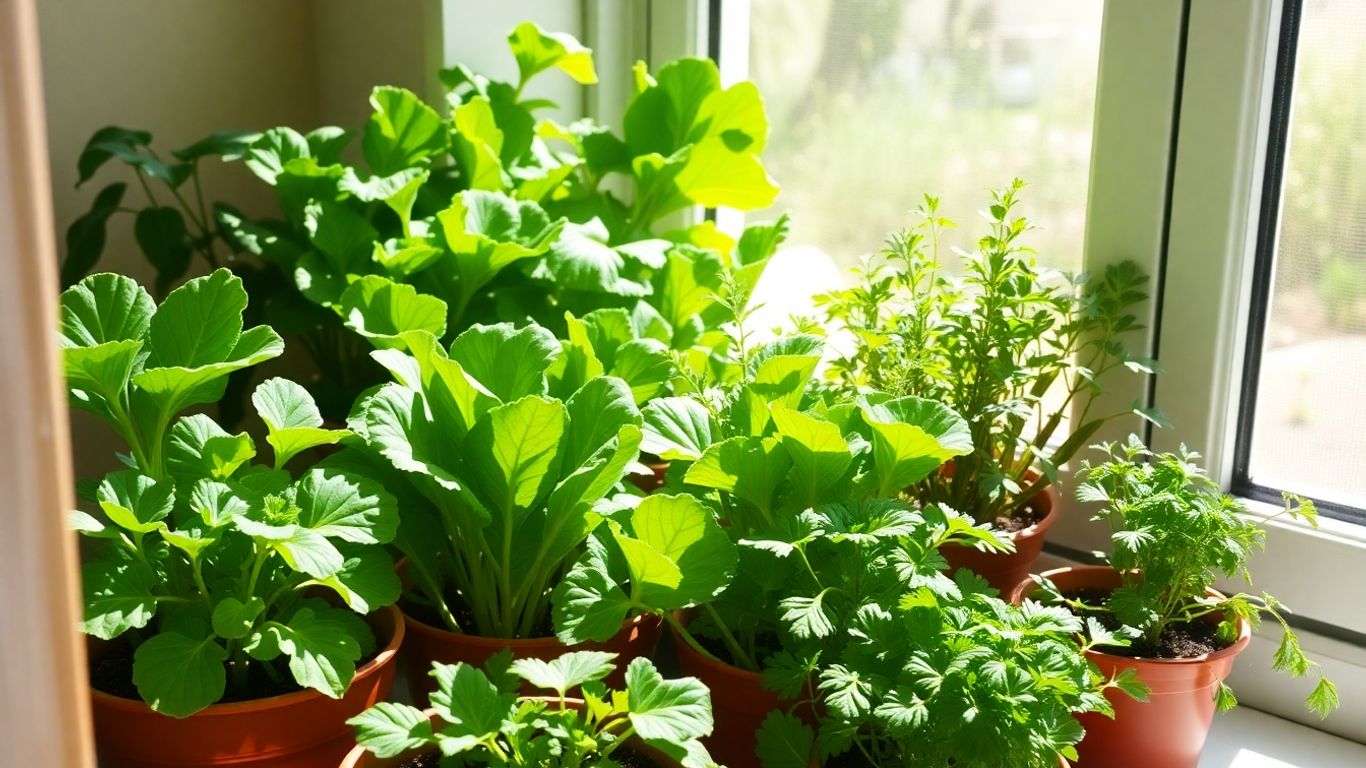 Vibrant indoor vegetable garden with lush green plants.
