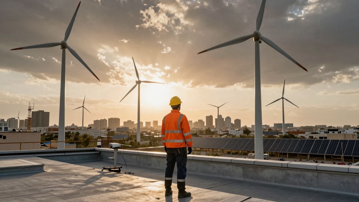 Tradesperson on rooftop with renewable energy in background.