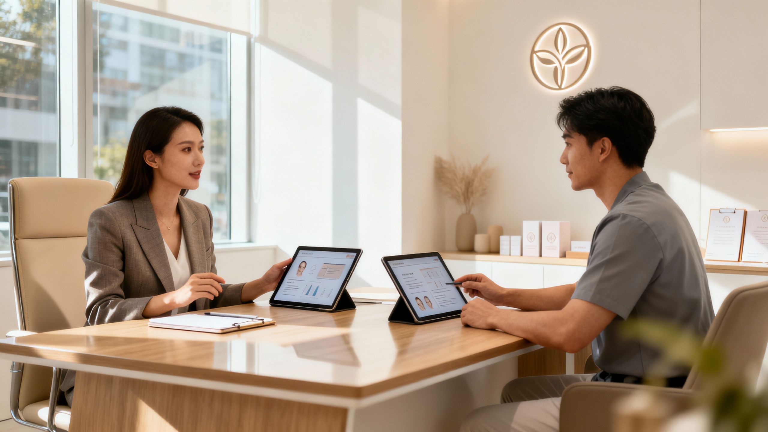 Clinic owner meeting about marketing strategies.