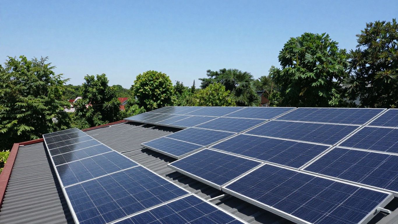 Panneaux solaires sur un toit orientés vers le soleil.