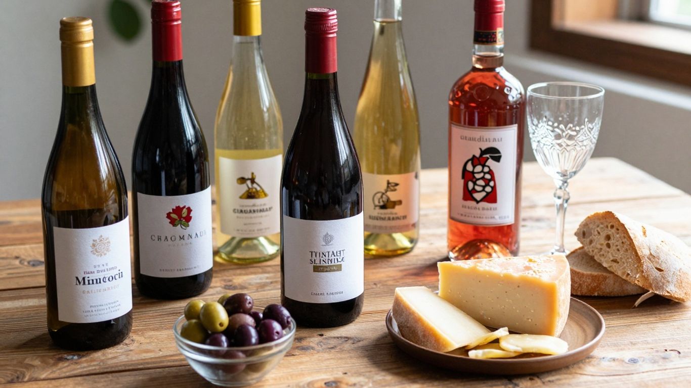 Vinuri locale și gustări tradiționale pe o masă rustică.