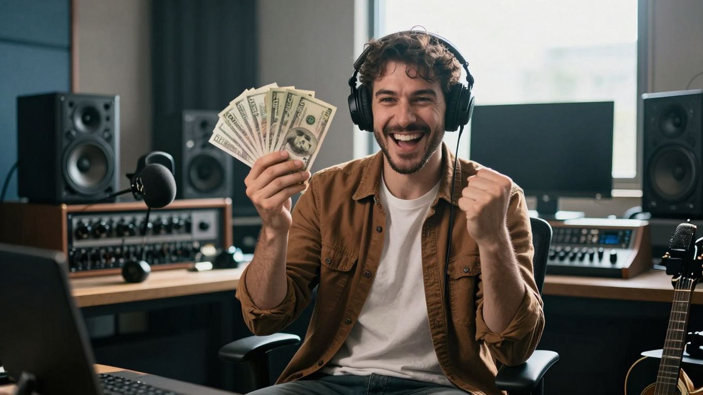 Producer celebrating with cash after selling music rights.