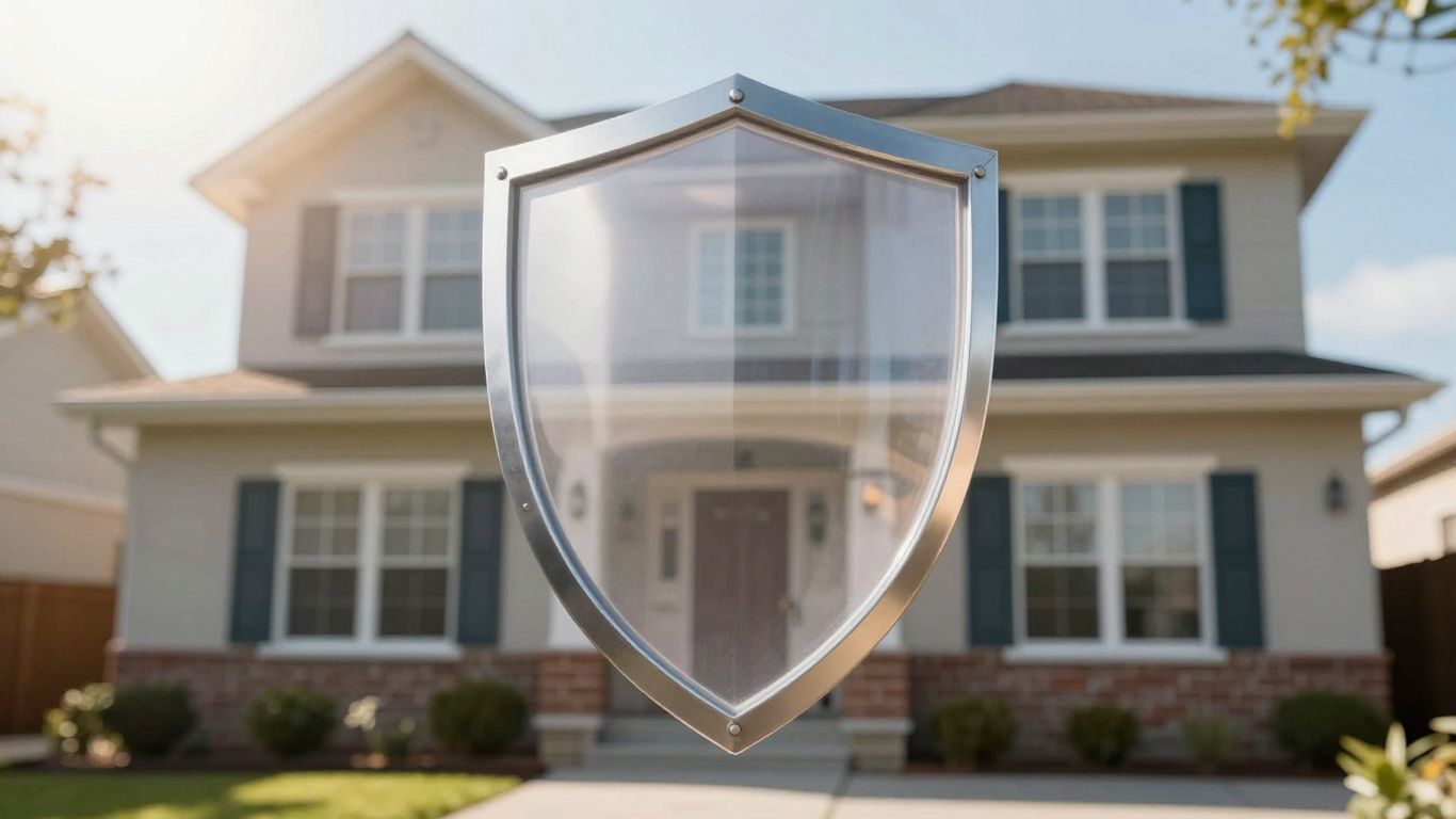 Casa protegida por un escudo de seguridad brillante.
