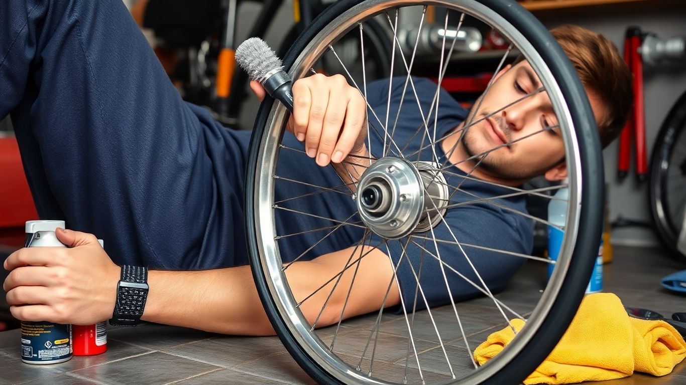 Relaxed mechanic next to shiny clean bicycle hub
