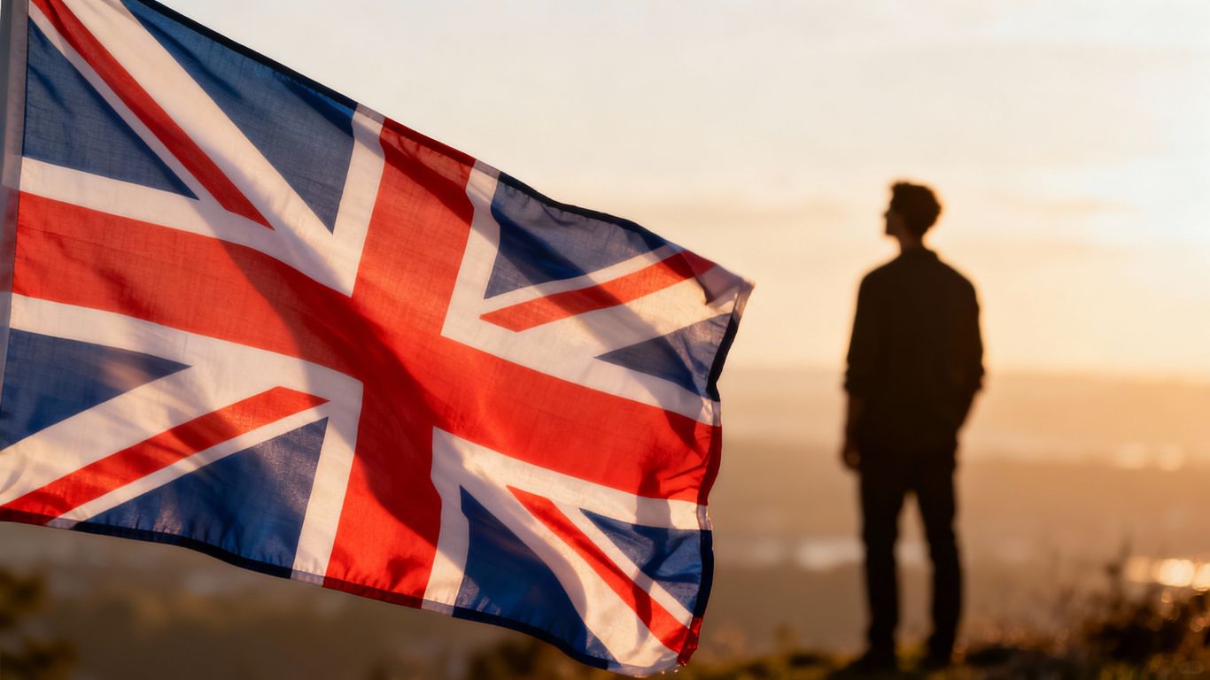 UK flag with a person contemplating the future.