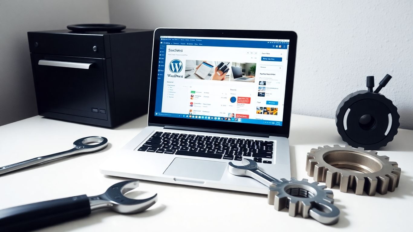 WordPress dashboard with maintenance tools nearby.