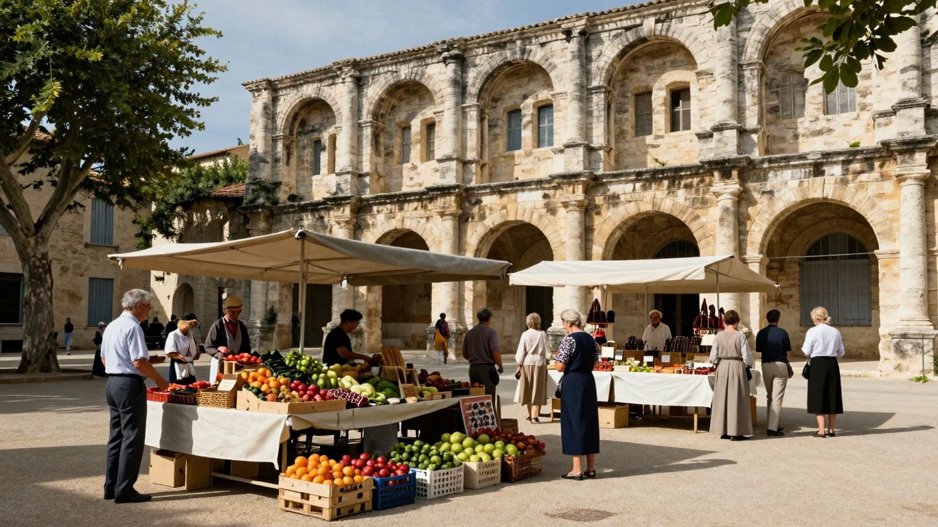 Arles village square with Roman architecture and local traditions.