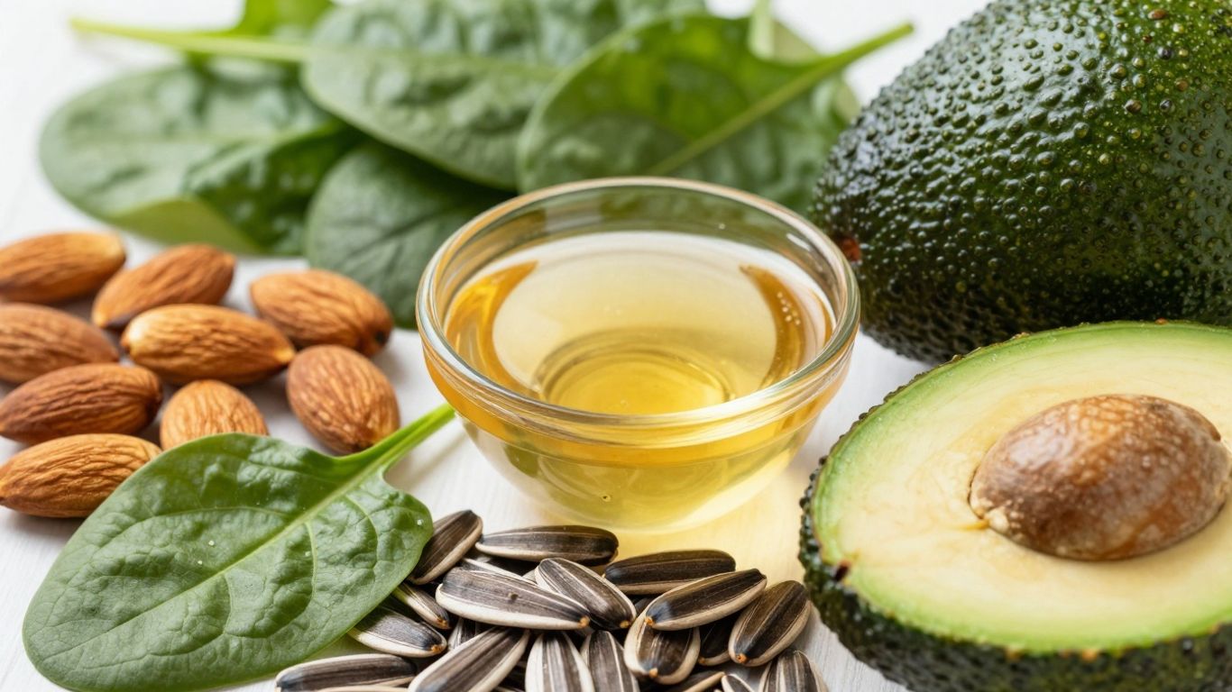 Natural sources of Vitamin E: almonds, seeds, spinach, avocado.